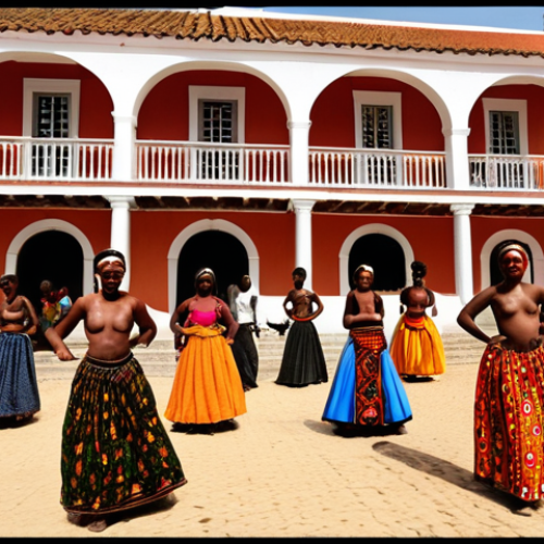 Home 11 **Angolan Culture**: A vibrant scene showcasing a blend of Angolan and Portuguese cultures. Include elements like traditional African dance alongside Fado music performances, Portuguese colonial architecture juxtaposed with African patterns, and a mix of traditional Angolan food with Portuguese cuisine.