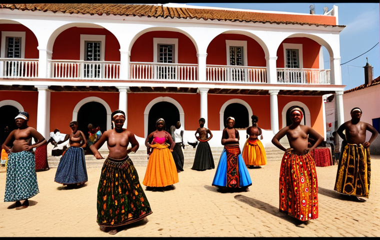 **Angolan Culture**: A vibrant scene showcasing a blend of Angolan and Portuguese cultures. Include elements like traditional African dance alongside Fado music performances, Portuguese colonial architecture juxtaposed with African patterns, and a mix of traditional Angolan food with Portuguese cuisine.