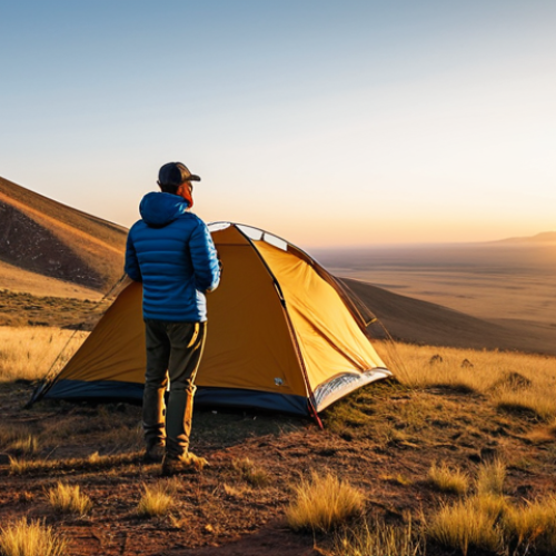 Home 6 A lone traveler, dressed in modest, durable outdoor clothing, stands contemplatively beside a sturdy, modern camping tent pitched on a vast, rugged Angolan landscape. The scene captures a breathtaking sunrise, casting warm golden hues across the expansive savanna, with a clear, wide sky overhead. The atmosphere is serene and tranquil, emphasizing the untouched beauty of nature.
* **Quality Modifiers:** Professional nature photography, perfect anatomy, correct proportions, well-formed hands, natural body proportions, natural pose, cinematic lighting, highly detailed, sharp focus.
* **Safety Modifiers:** Safe for work, appropriate content, fully clothed, modest clothing, family-friendly.