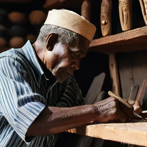Home 14 앙골라에서 가장 유명한 그림과 미술작품 - **Prompt:** "A hyperrealistic, close-up photograph of a skilled elderly Angolan artisan with weather...