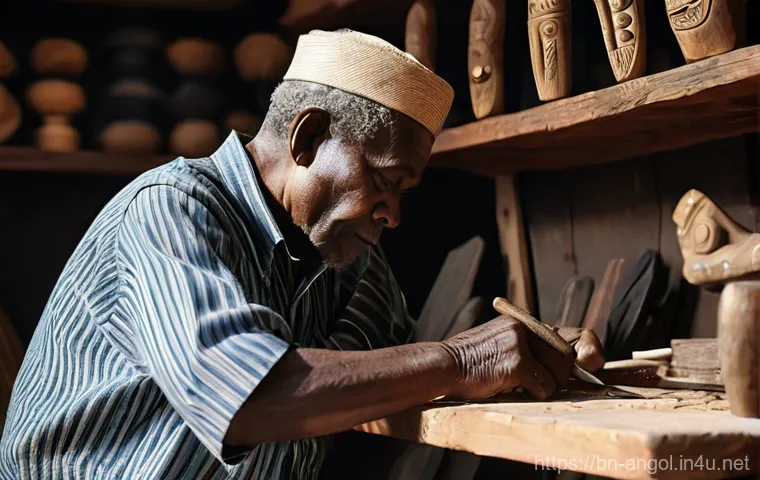 앙골라에서 가장 유명한 그림과 미술작품 - **Prompt:** "A hyperrealistic, close-up photograph of a skilled elderly Angolan artisan with weather...