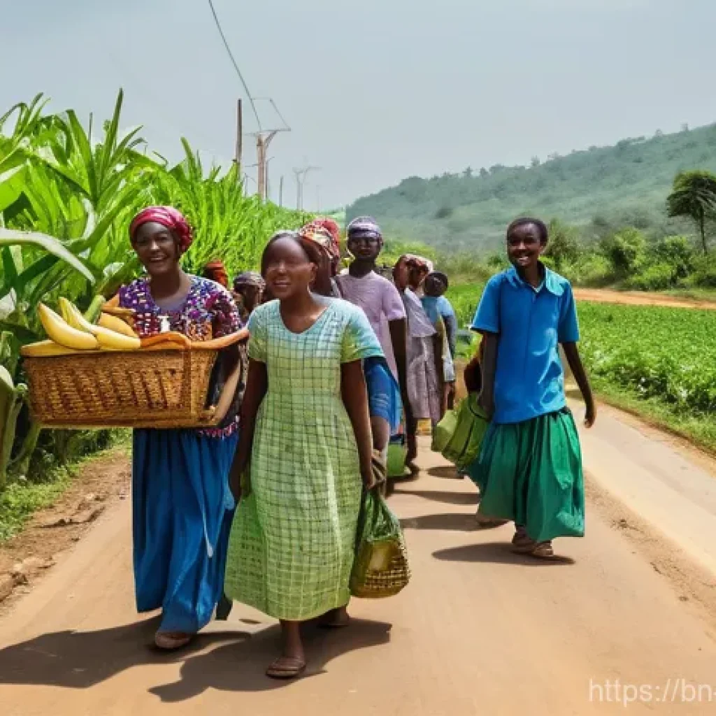 앙골라 도로 인프라 - **Prompt:** "A vibrant and bustling scene on a newly paved road in rural Angola, capturing the essen...