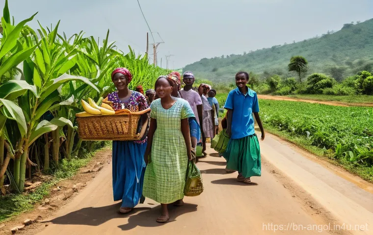 앙골라 도로 인프라 - **Prompt:** "A vibrant and bustling scene on a newly paved road in rural Angola, capturing the essen...