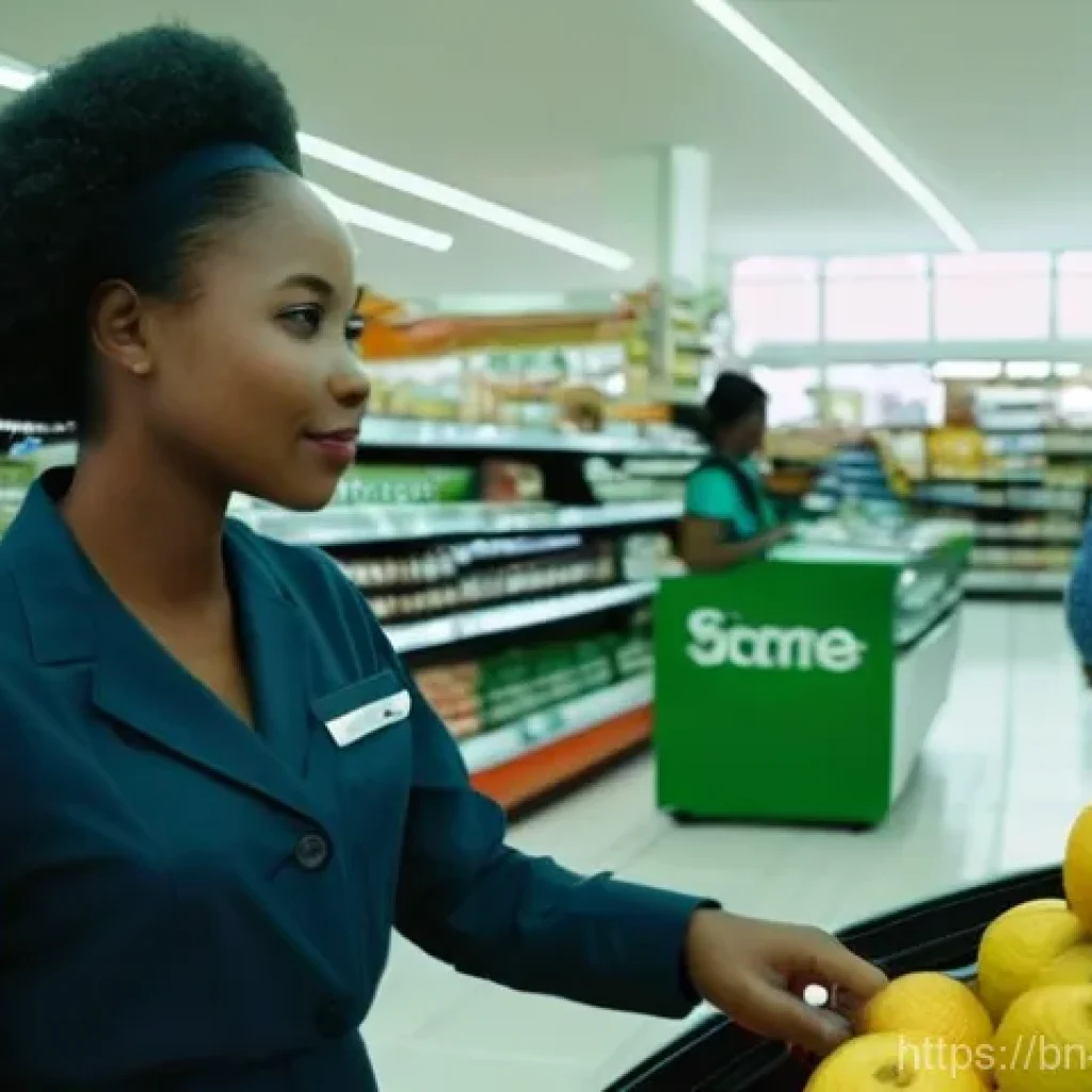 앙골라에서 신용카드 사용 가능 여부 - **Prompt:** A bustling, modern supermarket in Luanda, Angola. A female customer, dressed in stylish ...