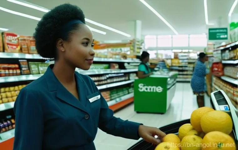 앙골라에서 신용카드 사용 가능 여부 - **Prompt:** A bustling, modern supermarket in Luanda, Angola. A female customer, dressed in stylish ...