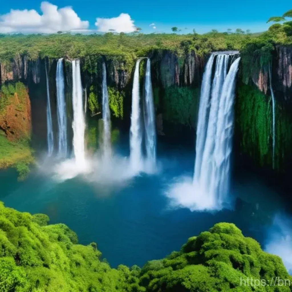 앙골라의 환경 문제와 대책 - A breathtaking panoramic view of the Angolan Kalandula Falls, with lush, dense rainforests surroundi...