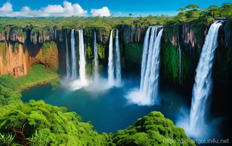 앙골라의 환경 문제와 대책 - A breathtaking panoramic view of the Angolan Kalandula Falls, with lush, dense rainforests surroundi...