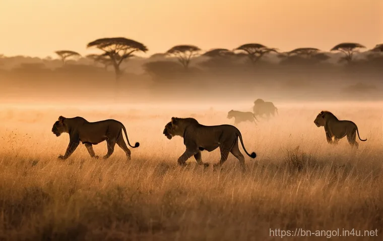 앙골라와 탄자니아 비교 여행 - **Prompt 1: Majestic Serengeti Migration at Dawn**
A wide-angle, cinematic shot of the vast Sere...