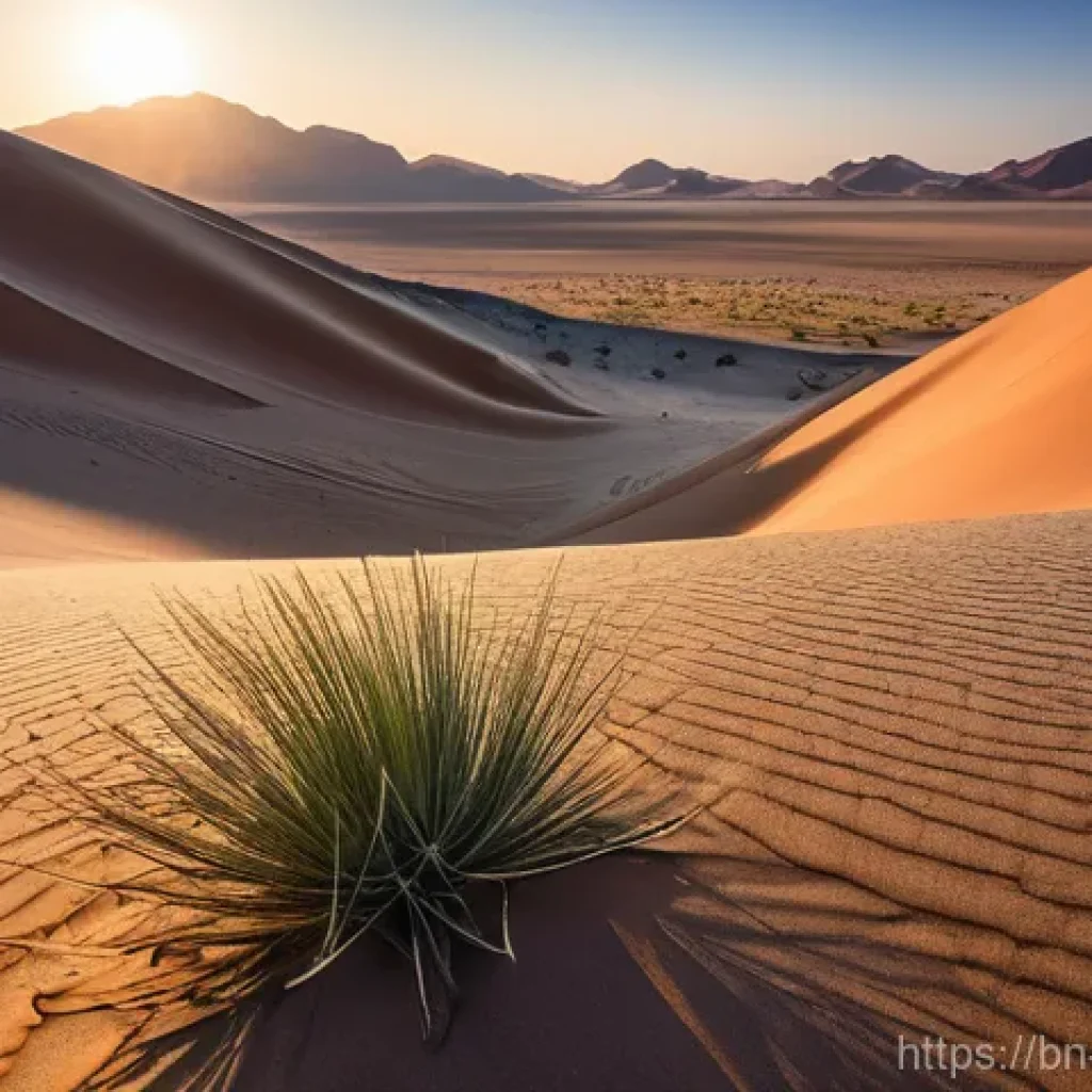 앙골라에서 사막 투어 - **Prompt: Majestic Angolan Namib Desert Sunrise with Ancient Flora and Subtle Wildlife.**
    "A bre...
