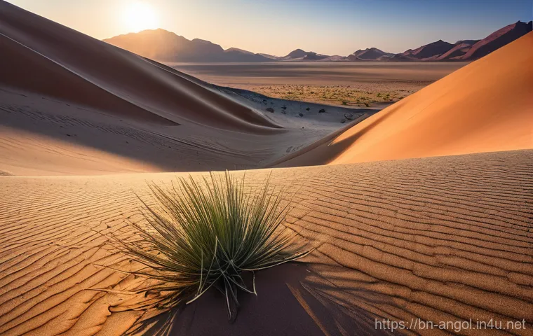 앙골라에서 사막 투어 - **Prompt: Majestic Angolan Namib Desert Sunrise with Ancient Flora and Subtle Wildlife.**
"A bre...