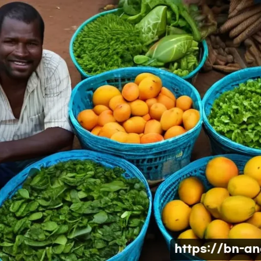앙골라에서 채식주의자로 살아가기 - A vibrant local Angolan market scene in the early morning, showcasing fresh leafy vegetables like sp...