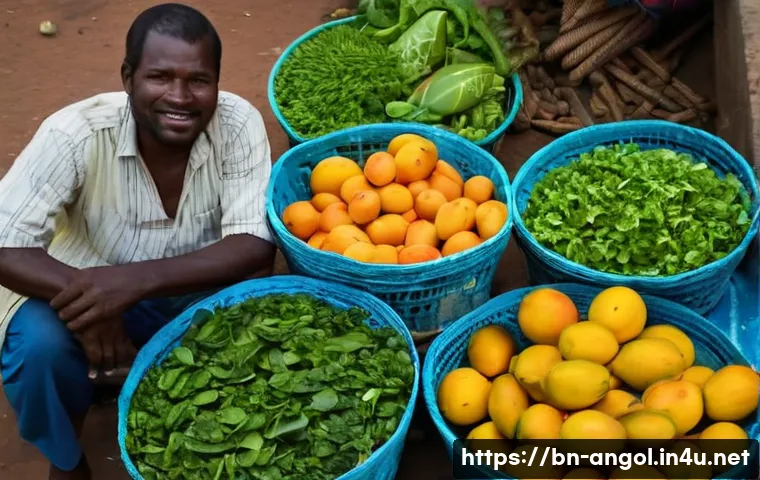 앙골라에서 채식주의자로 살아가기 - A vibrant local Angolan market scene in the early morning, showcasing fresh leafy vegetables like sp...