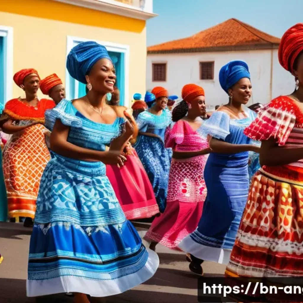 앙골라와 카보베르데의 문화적 차이 - A vibrant cultural festival scene in Angola featuring traditional Kizomba and Songa dancers wearing ...