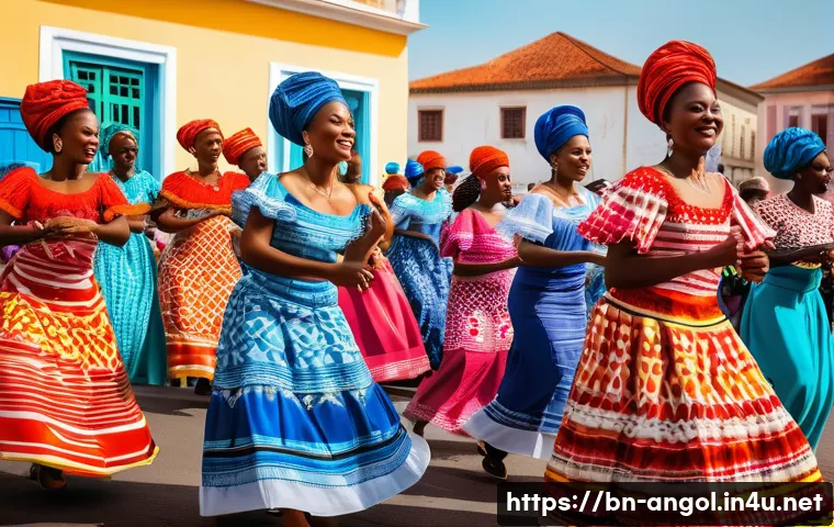 앙골라와 카보베르데의 문화적 차이 - A vibrant cultural festival scene in Angola featuring traditional Kizomba and Songa dancers wearing ...