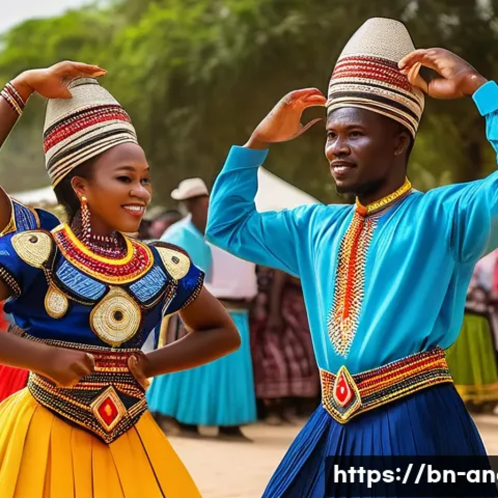 앙골라 전통춤 키존바 - A vibrant African dance performance set outdoors during a traditional festival in Angola, featuring ...