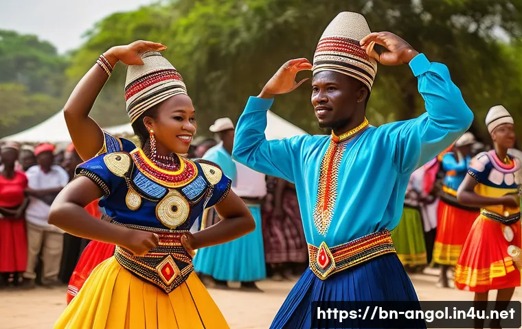 앙골라 전통춤 키존바 - A vibrant African dance performance set outdoors during a traditional festival in Angola, featuring ...