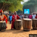 앙골라 민속 음악 - A vibrant cultural festival scene in Angola showcasing traditional musicians playing ancient string ...