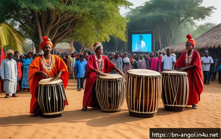 앙골라 민속 음악 - A vibrant cultural festival scene in Angola showcasing traditional musicians playing ancient string ...