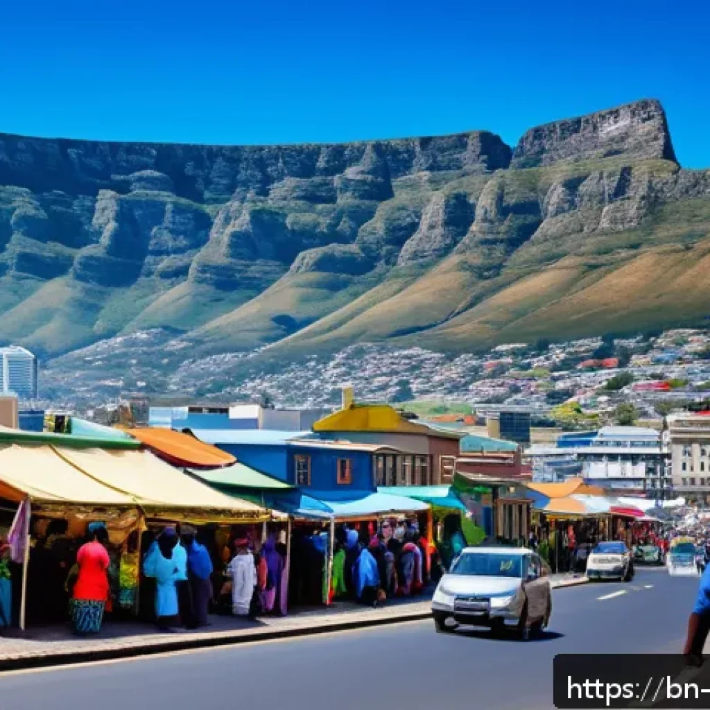 앙골라와 남아프리카공화국 비교 - A vibrant urban scene in Cape Town, South Africa, showcasing a bustling cityscape with diverse peopl...