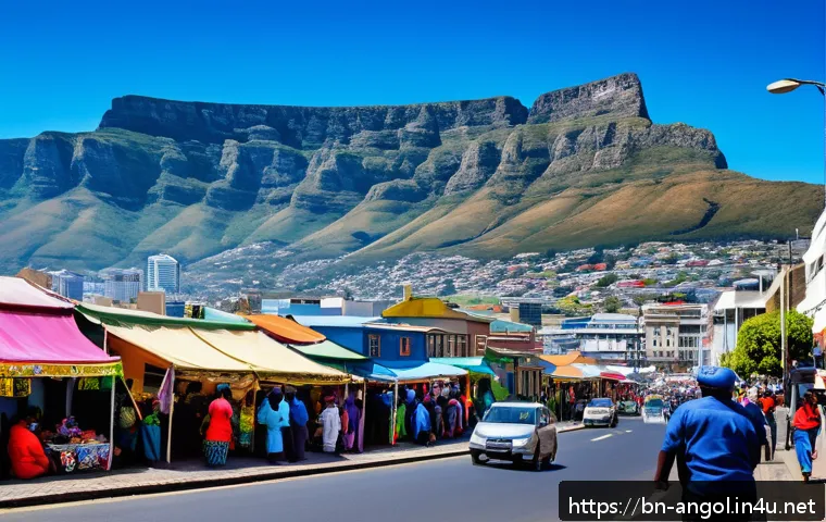 앙골라와 남아프리카공화국 비교 - A vibrant urban scene in Cape Town, South Africa, showcasing a bustling cityscape with diverse peopl...