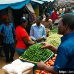 앙골라 화폐 단위와 환율 - A bustling local Angolan market scene featuring diverse vendors and customers engaged in trade, with...