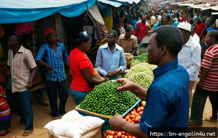 앙골라 화폐 단위와 환율 - A bustling local Angolan market scene featuring diverse vendors and customers engaged in trade, with...