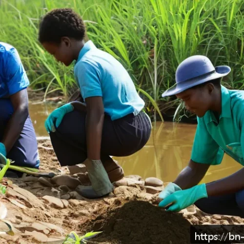 앙골라에서 봉사활동 기회 - A diverse group of volunteers working together outdoors in Angola, planting trees along a riverbank ...