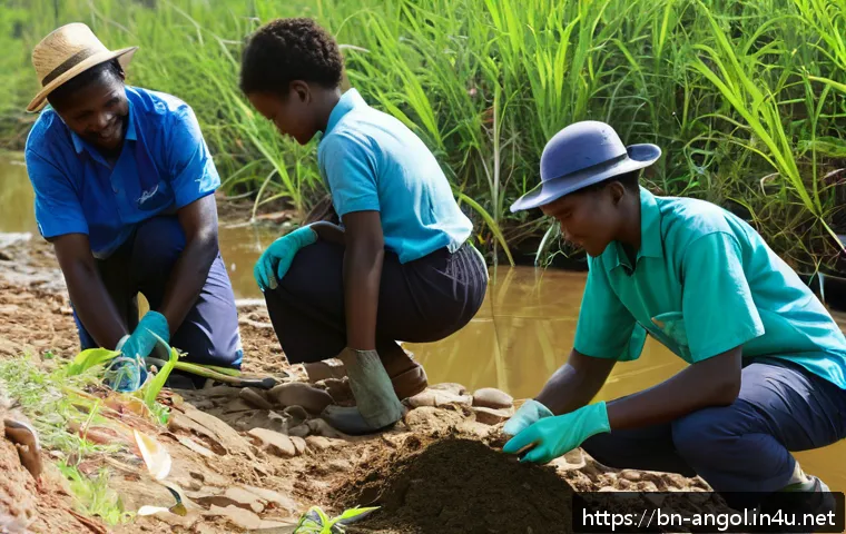 앙골라에서 봉사활동 기회 - A diverse group of volunteers working together outdoors in Angola, planting trees along a riverbank ...