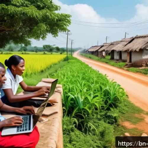 앙골라 IT 산업 현황 - A vibrant digital infrastructure scene in Angola showcasing a rural village with high-speed 5G inter...