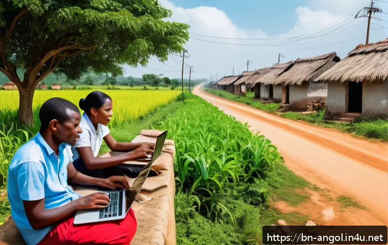 앙골라 IT 산업 현황 - A vibrant digital infrastructure scene in Angola showcasing a rural village with high-speed 5G inter...