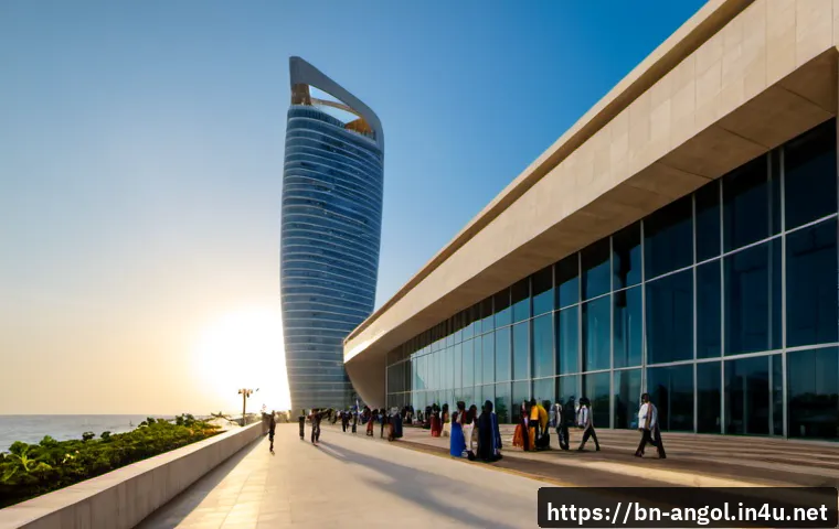 앙골라의 현대 건축 스타일 - Photorealistic wide-angle view of contemporary architecture in Luanda, Angola, a sleek glass-and-ste...