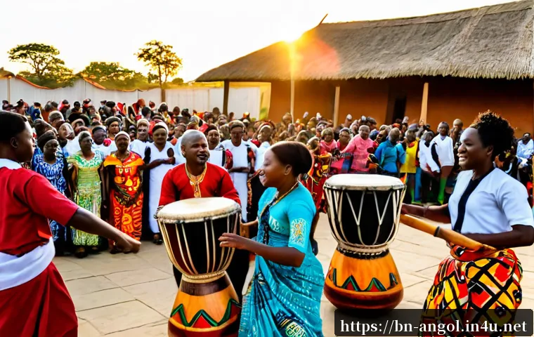 앙골라 문화예술 축제 - Photorealistic Angola cultural arts festival at golden hour, Angolan dancers in vibrant traditional ...